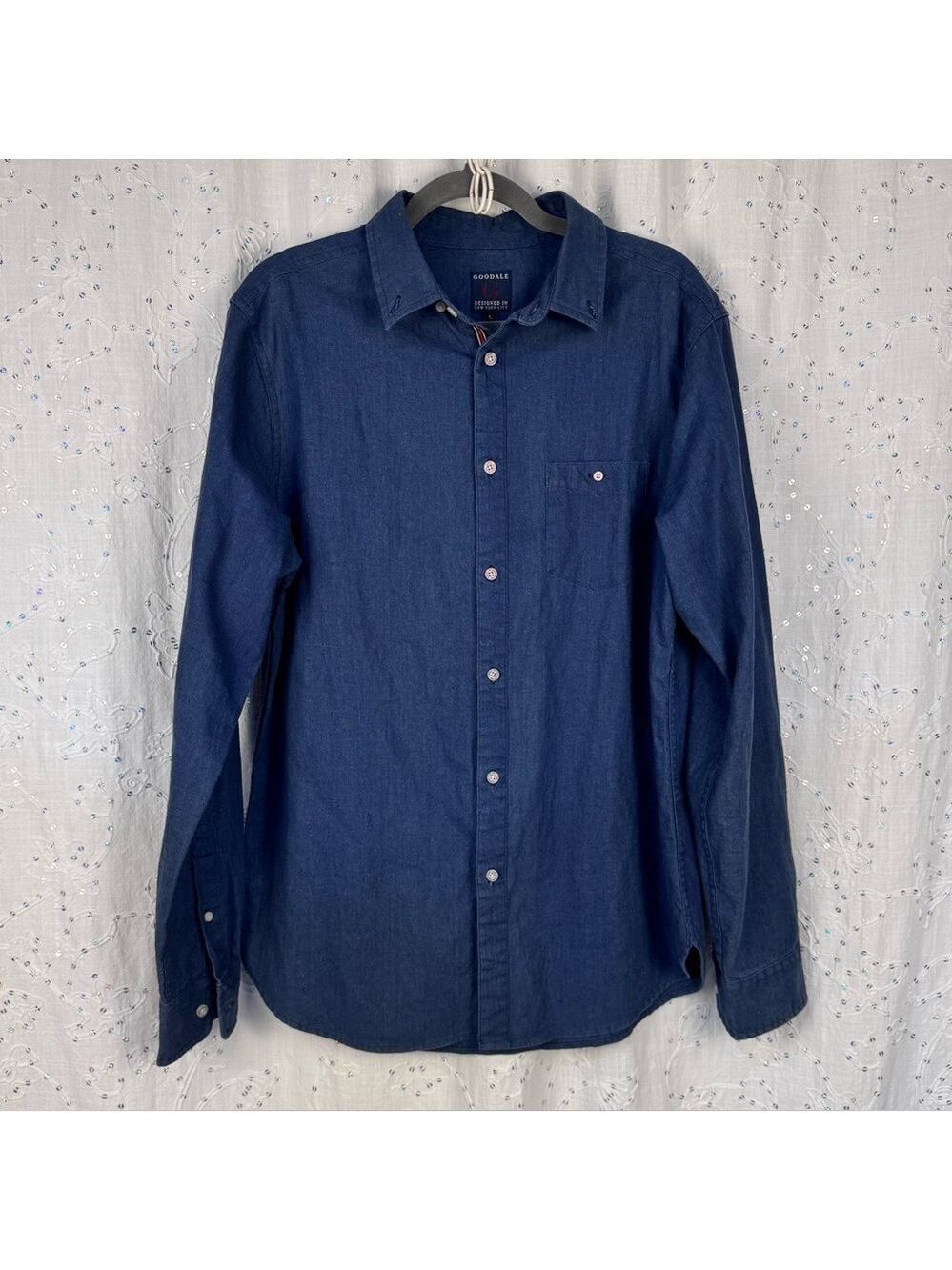 Goodale Men’s Button-Up Shirt – Large – Linen Cotton Blend – Denim Blue